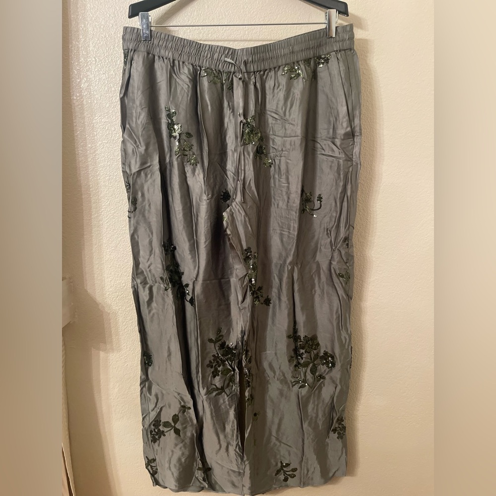 Zara sequin satin effect Embroidered sequin Olive Green Satin Pants NWT XXL - Picture 9 of 10